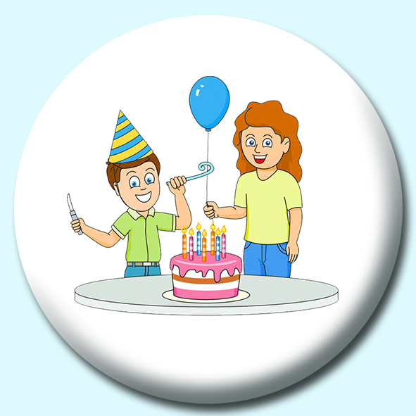 Boy Celebrating His Birthday Wearing Hat With Cake And Balloons Button Badge