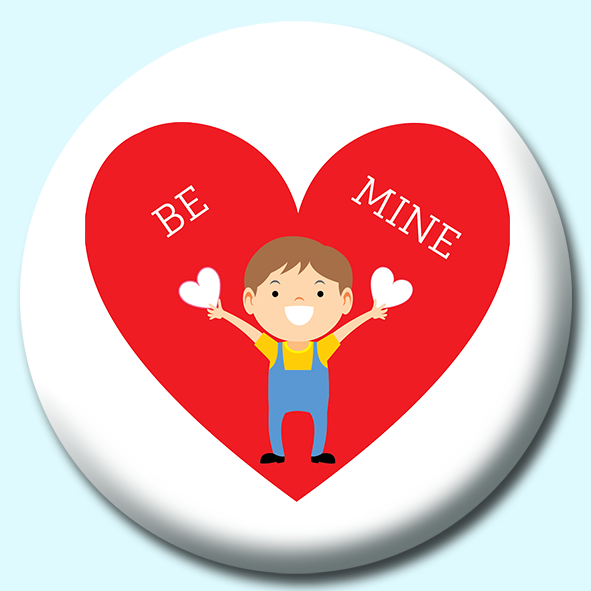 Boy Holding Hearts With Large Be Mine Heart Button Badge