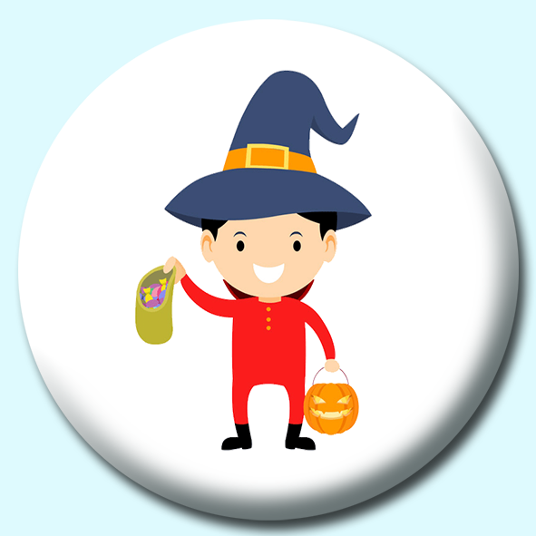 Child Wearing Costume Holding Bag Of Candy And Pumpkin Button Badge