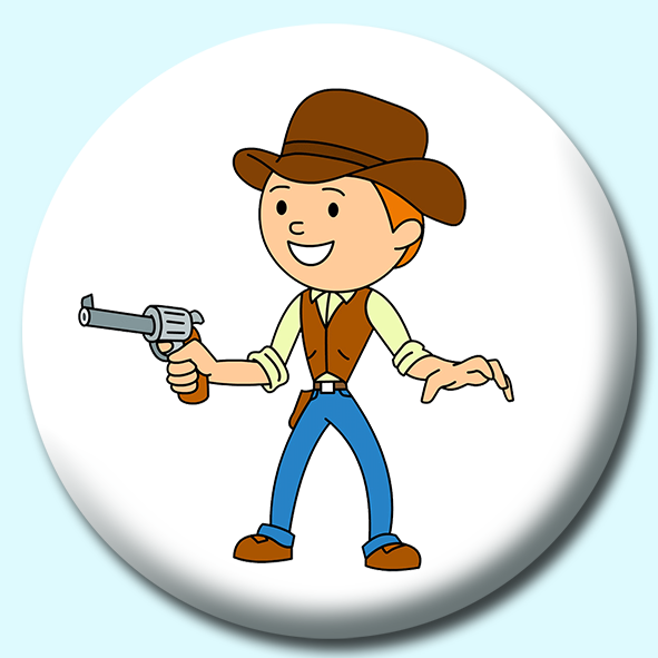 Cow Boy Wearing Hat Holding A Pistol Button Badge