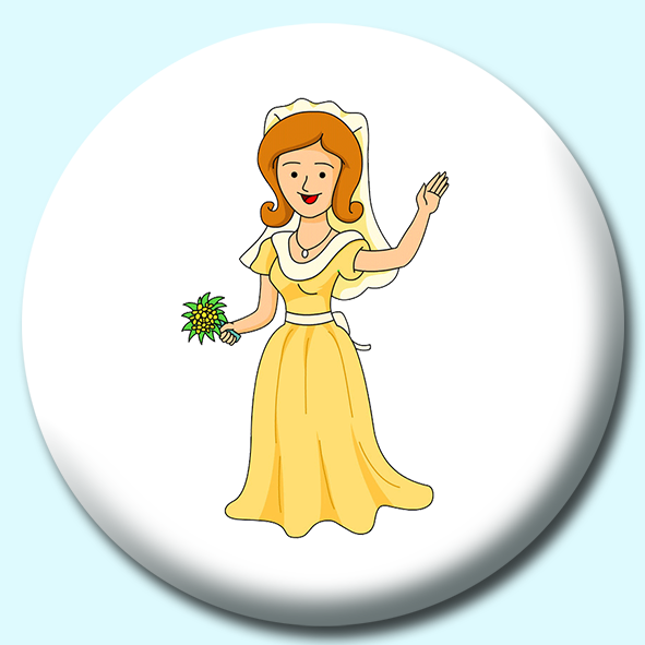 Girl In Wedding Dress Smiling Waving Button Badge