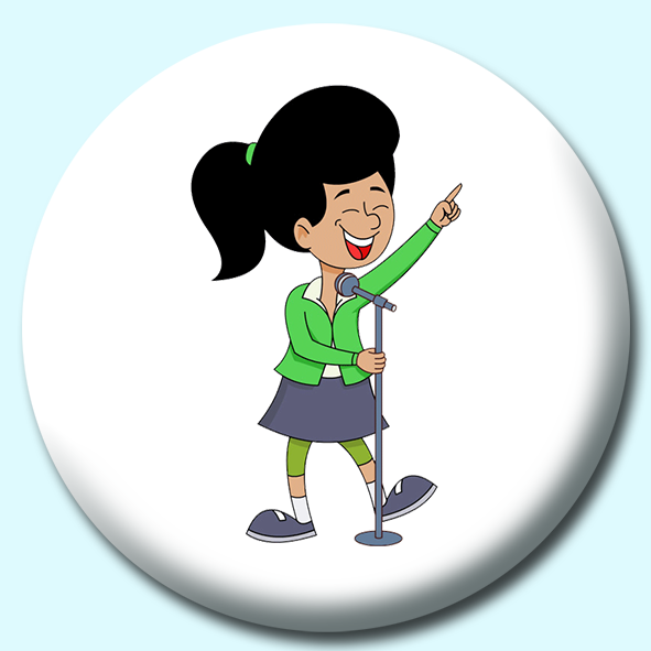 Girl Singing Into Microphone Pointing Finger Up Button Badge