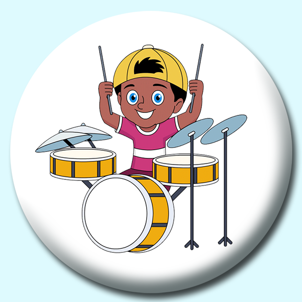 Kid Musician Playing Acoustic Drums Cymbals Button Badge