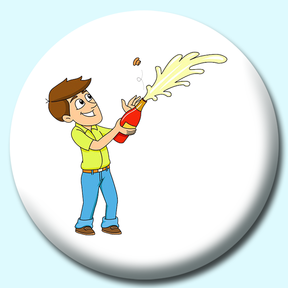 Man Opening Up A Champagne Bottle As It Sprays Button Badge