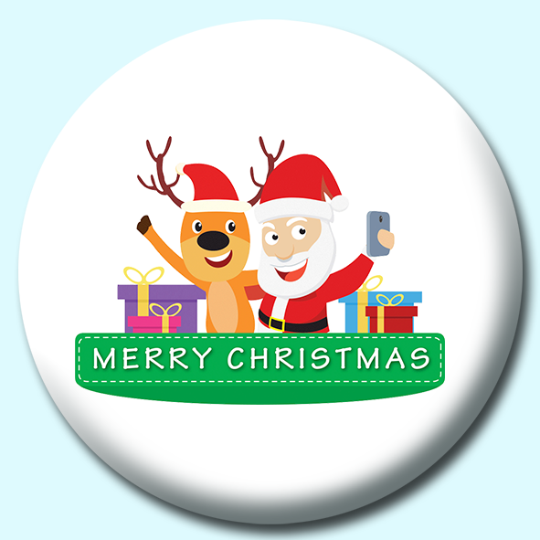 Santa Taking Selfie With Reindeer Button Badge