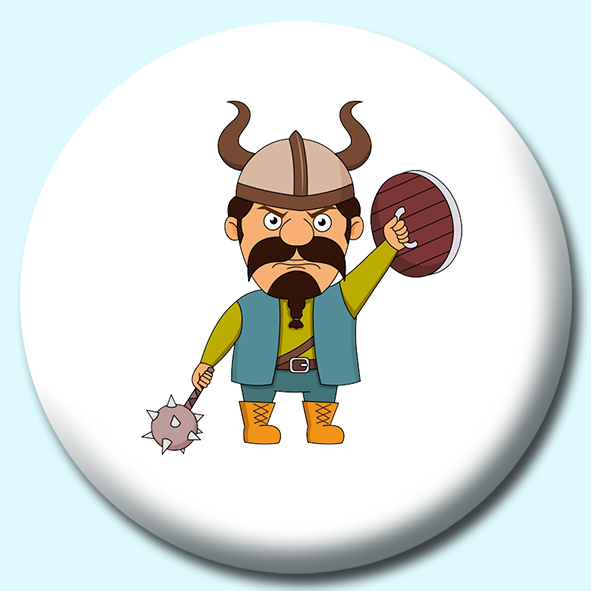 Viking With Spiked Hammer Or Flail And Wooden Shield Button Badge