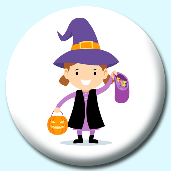 Young Girl Wearing Costume Holding Bag Of Candy And Pumpkin Button Badge