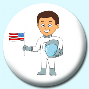 Personalised Badge: 25mm Astronaut Holding American Flag Button Badge. Create your own custom badge - complete the form and we will create your personalised button badge for you.