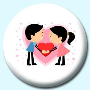 Personalised Badge: 38mm Boy And Girl Couple Holding Heart Button Badge. Create your own custom badge - complete the form and we will create your personalised button badge for you.