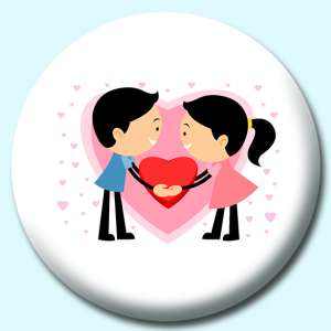 Personalised Badge: 58mm Boy And Girl Couple Holding Heart Button Badge. Create your own custom badge - complete the form and we will create your personalised button badge for you.