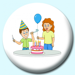 Personalised Badge: 38mm Boy Celebrating His Birthday Wearing Hat With Cake And Balloons Button Badge. Create your own custom badge - complete the form and we will create your personalised button badge for you.