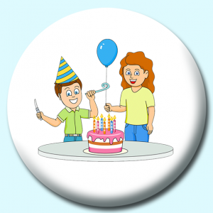 Personalised Badge: 58mm Boy Celebrating His Birthday Wearing Hat With Cake And Balloons Button Badge. Create your own custom badge - complete the form and we will create your personalised button badge for you.