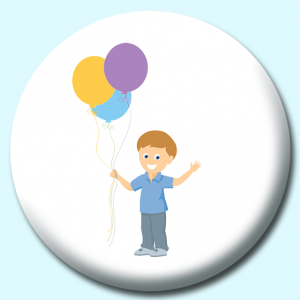 Personalised Badge: 38mm Boy Holding Colorful Balloons Button Badge. Create your own custom badge - complete the form and we will create your personalised button badge for you.