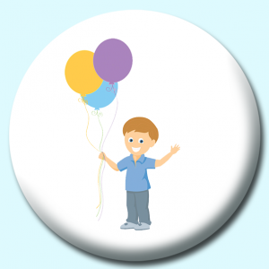 Personalised Badge: 58mm Boy Holding Colorful Balloons Button Badge. Create your own custom badge - complete the form and we will create your personalised button badge for you.