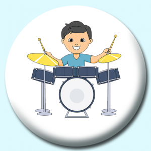 Personalised Badge: 38mm Boy Playing Drumset Button Badge. Create your own custom badge - complete the form and we will create your personalised button badge for you.