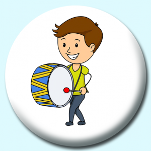 Personalised Badge: 38mm Boy Standing Playing A Large Drum Button Badge. Create your own custom badge - complete the form and we will create your personalised button badge for you.