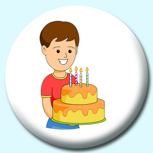 Personalised Badge: 38mm Boy With Birthday Cake Candles Button Badge. Create your own custom badge - complete the form and we will create your personalised button badge for you.
