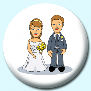 Personalised Badge: 38mm Bride Groon Standing At Wedding Button Badge. Create your own custom badge - complete the form and we will create your personalised button badge for you.