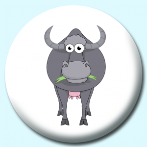 Personalised Badge: 75mm Buffalo Cartoon Character Eating Grass Button Badge. Create your own custom badge - complete the form and we will create your personalised button badge for you.