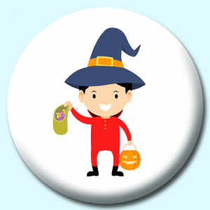 Personalised Badge: 58mm Child Wearing Costume Holding Bag Of Candy And Pumpkin Button Badge. Create your own custom badge - complete the form and we will create your personalised button badge for you.