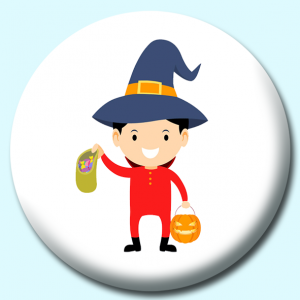 Personalised Badge: 75mm Child Wearing Costume Holding Bag Of Candy And Pumpkin Button Badge. Create your own custom badge - complete the form and we will create your personalised button badge for you.