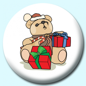 Personalised Badge: 25mm Christmas Teddy Bear With Gifts Button Badge. Create your own custom badge - complete the form and we will create your personalised button badge for you.