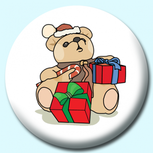 Personalised Badge: 58mm Christmas Teddy Bear With Gifts Button Badge. Create your own custom badge - complete the form and we will create your personalised button badge for you.