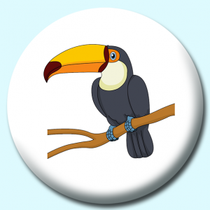 Personalised Badge: 38mm Colorful Toucan Bird Sitting On Tree Branch Button Badge. Create your own custom badge - complete the form and we will create your personalised button badge for you.