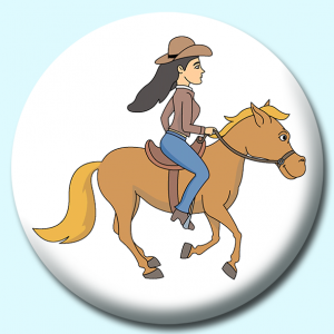 Personalised Badge: 25mm Cowgirl Galloping On A Horse Button Badge. Create your own custom badge - complete the form and we will create your personalised button badge for you.