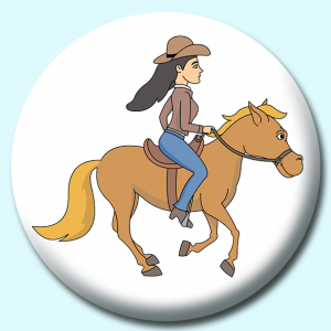 Personalised Badge: 75mm Cowgirl Galloping On A Horse Button Badge. Create your own custom badge - complete the form and we will create your personalised button badge for you.