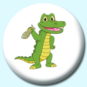 Personalised Badge: 38mm Crocodile Holding Fish Reptile Cartoon Button Badge. Create your own custom badge - complete the form and we will create your personalised button badge for you.