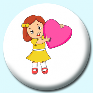 Personalised Badge: 38mm Cute Girl Holding A Large Pink Heart Button Badge. Create your own custom badge - complete the form and we will create your personalised button badge for you.