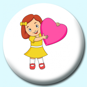 Personalised Badge: 58mm Cute Girl Holding A Large Pink Heart Button Badge. Create your own custom badge - complete the form and we will create your personalised button badge for you.