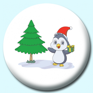 Personalised Badge: 25mm Cute Penguin Christmas Tree Gift Button Badge. Create your own custom badge - complete the form and we will create your personalised button badge for you.