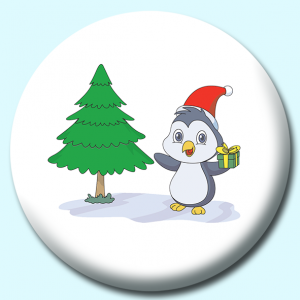 Personalised Badge: 38mm Cute Penguin Christmas Tree Gift Button Badge. Create your own custom badge - complete the form and we will create your personalised button badge for you.