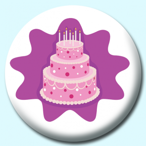 Personalised Badge: 58mm Decorated Birthday Cake Button Badge. Create your own custom badge - complete the form and we will create your personalised button badge for you.