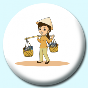 Personalised Badge: 58mm Florist Woman Going To Market Vietnam Button Badge. Create your own custom badge - complete the form and we will create your personalised button badge for you.