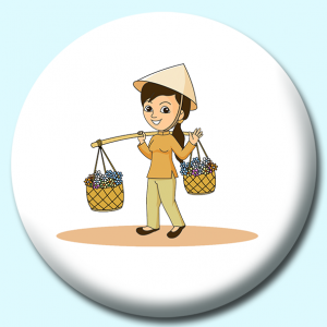 Personalised Badge: 75mm Florist Woman Going To Market Vietnam Button Badge. Create your own custom badge - complete the form and we will create your personalised button badge for you.