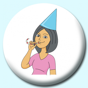 Personalised Badge: 38mm Girl Celebrating Birthday Wearing Hat Button Badge. Create your own custom badge - complete the form and we will create your personalised button badge for you.
