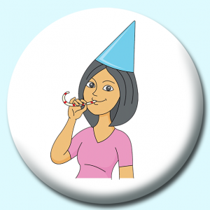 Personalised Badge: 58mm Girl Celebrating Birthday Wearing Hat Button Badge. Create your own custom badge - complete the form and we will create your personalised button badge for you.