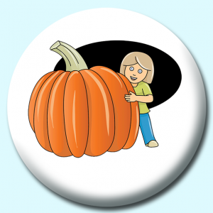 Personalised Badge: 38mm Girl Hiding Behind Pumpkin Button Badge. Create your own custom badge - complete the form and we will create your personalised button badge for you.