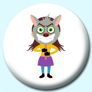 Personalised Badge: 38mm Girl Holding Scary Mask In Front Of Face Button Badge. Create your own custom badge - complete the form and we will create your personalised button badge for you.