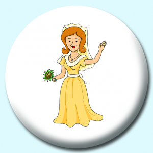 Personalised Badge: 38mm Girl In Wedding Dress Smiling Waving Button Badge. Create your own custom badge - complete the form and we will create your personalised button badge for you.