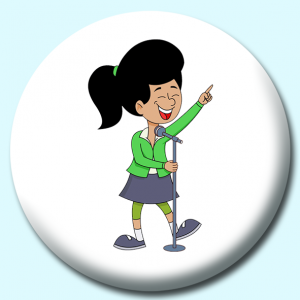 Personalised Badge: 38mm Girl Singing Into Microphone Pointing Finger Up Button Badge. Create your own custom badge - complete the form and we will create your personalised button badge for you.