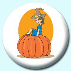 Personalised Badge: 38mm Girl Sitting On Pumpkin Halloween Button Badge. Create your own custom badge - complete the form and we will create your personalised button badge for you.