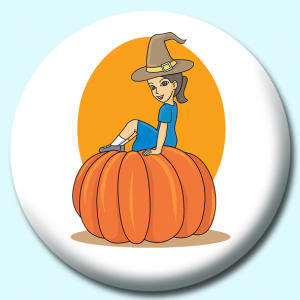 Personalised Badge: 58mm Girl Sitting On Pumpkin Halloween Button Badge. Create your own custom badge - complete the form and we will create your personalised button badge for you.
