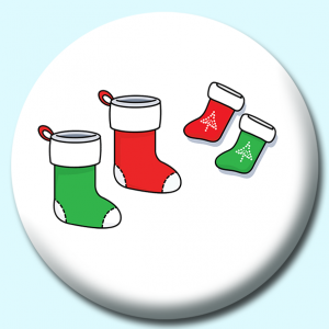 Personalised Badge: 25mm Green Red Christmas Stockings Button Badge. Create your own custom badge - complete the form and we will create your personalised button badge for you.