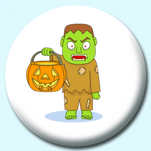 Personalised Badge: 58mm Halloween Monter Holding Pumpkin Button Badge. Create your own custom badge - complete the form and we will create your personalised button badge for you.