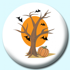 Personalised Badge: 58mm Halloween Tree Pumpkin Bat Button Badge. Create your own custom badge - complete the form and we will create your personalised button badge for you.