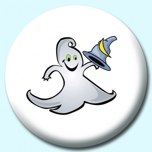 Personalised Badge: 38mm Happy Ghost Button Badge. Create your own custom badge - complete the form and we will create your personalised button badge for you.